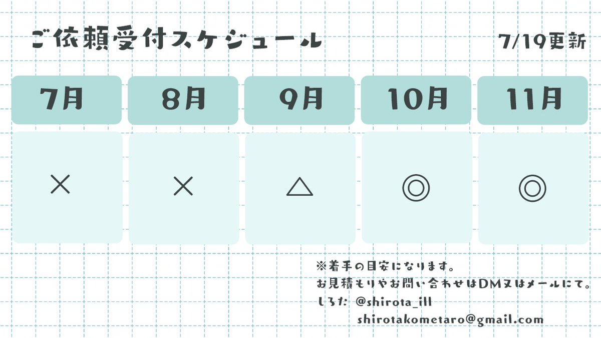 shirota_ill's tweet image. 【ご依頼受付状況📢💭】
現在の受付可能状況です!
料金表等で不明な点やお見積もり等でも、お気軽にご連絡下さい!
(※立ち絵やデータが無い場合細かなお見積もりやモデリング枠の確保は難しいです。詳細が必要な方は予めデータをご用意ください)
#イラスト依頼 #Live2D依頼…