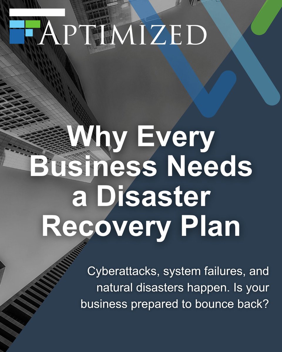 aptimized's tweet photo. Disasters happen. Are you ready? 🛡️ A strong IT disaster recovery plan reduces downtime and keeps your business running. 
Learn how to protect your data and ensure continuity: https://t.co/xFlz3htxtp
#DisasterRecovery #BusinessContinuity #BackupStrategy https://t.co/5bfCgMbbQ2