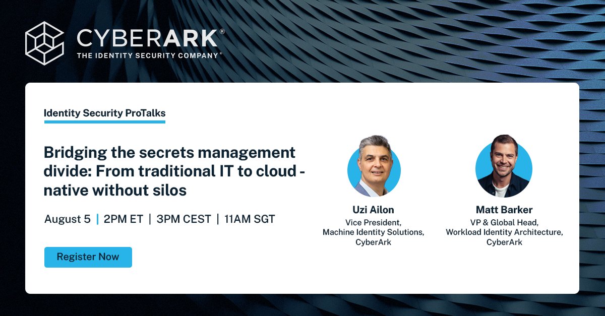 CyberArk's tweet photo. Managing secrets across teams and tools? Discover how to streamline your approach in CyberArk’s upcoming session. Save your seat: https://t.co/9hlV2diOUB

#IdentitySecurity #Cybersecurity #SecretManagement https://t.co/xz0hJbkxtR