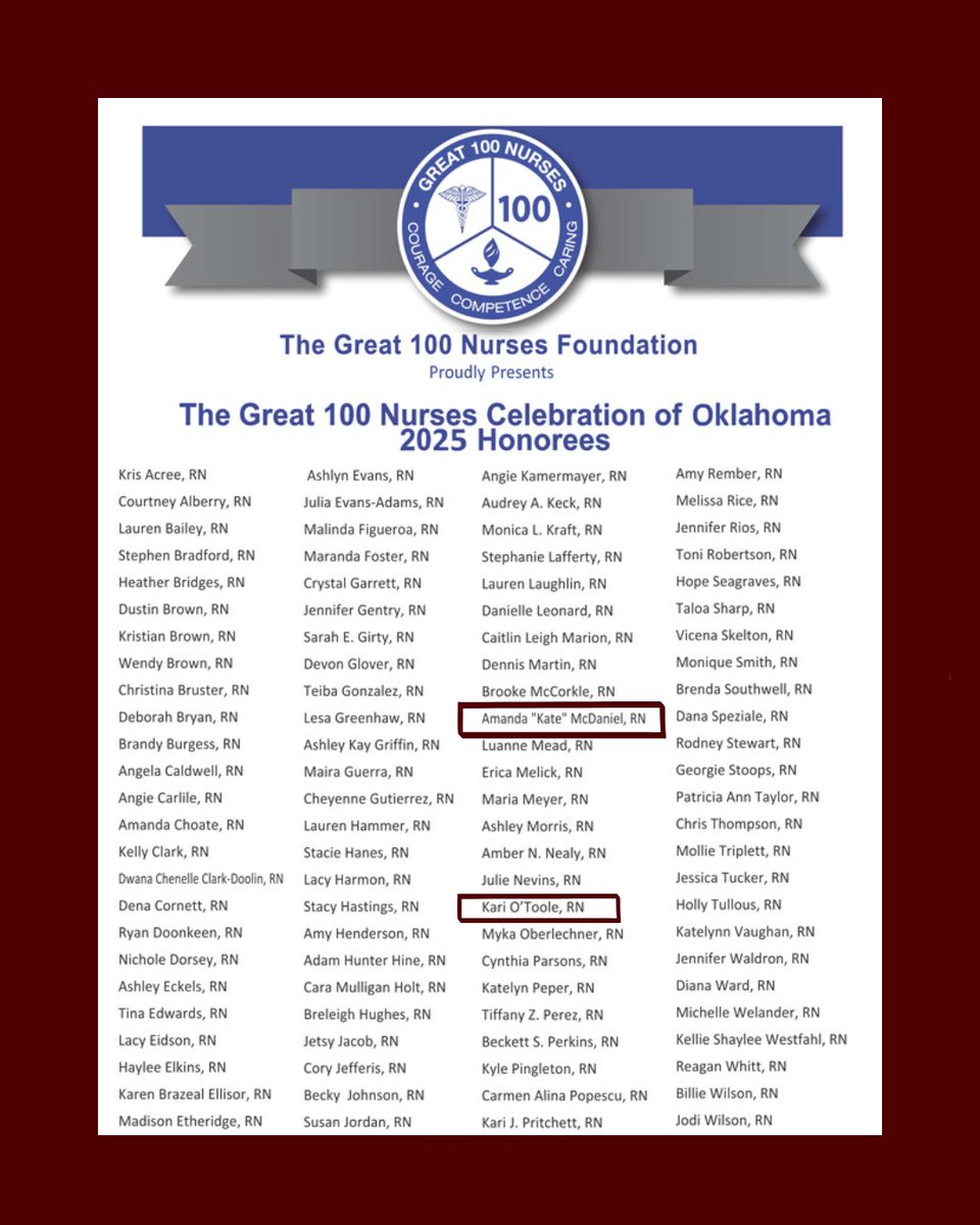 OU_Neurosurgery's tweet image. Congrats to our very own Amanda "Kate" McDaniel & Kari O'Toole, named among the Great 100 Nurses of Oklahoma 2025! 💙👏 Their leadership, compassion & dedication make a lasting impact every day. #Great100Nurses #OUHealth