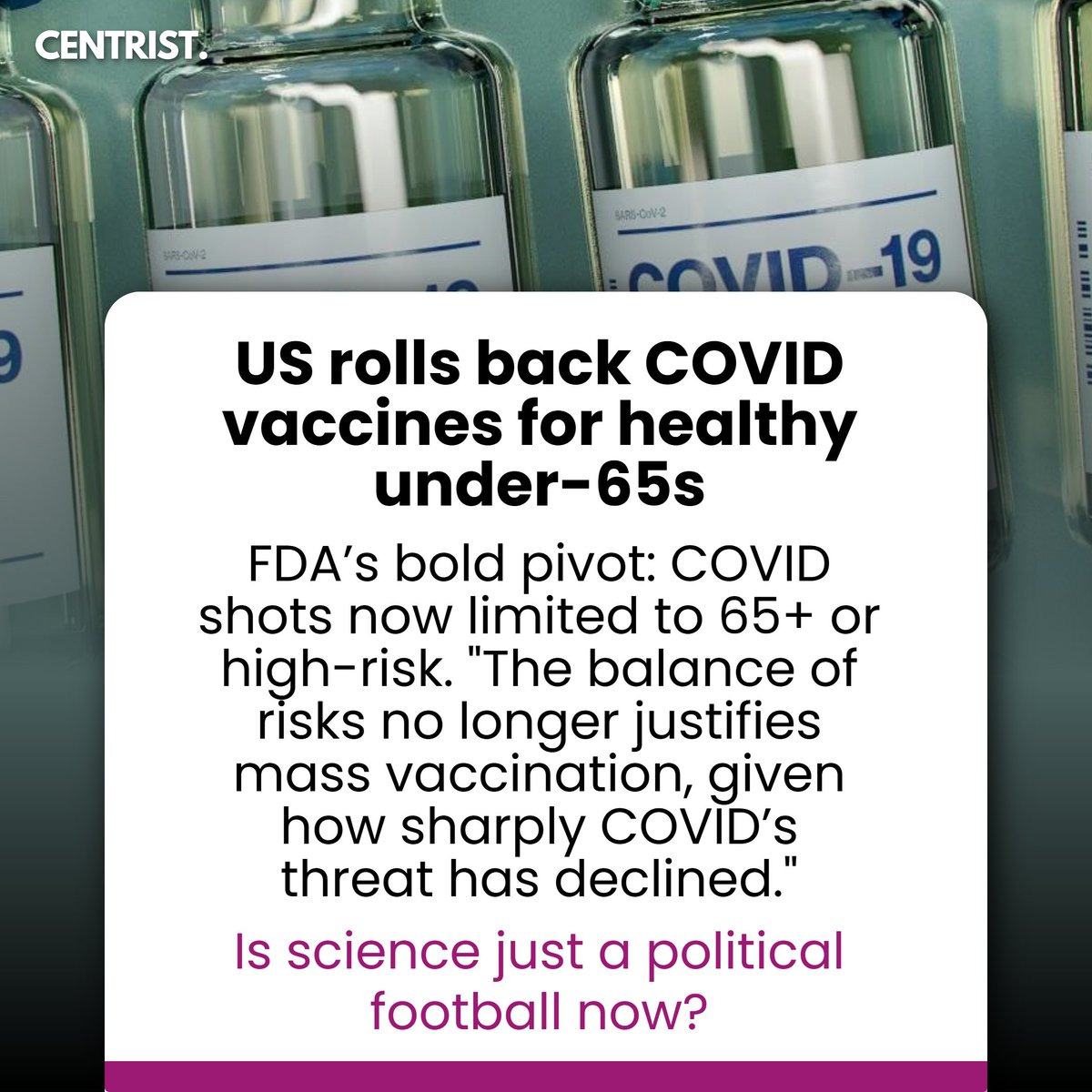 centrist_nz's tweet image. US FDA limits COVID vaccines to 65+ and high-risk groups, requiring prescriptions for others amid shifting risk-benefit views.
Read More: zurl.co/hcHcJ