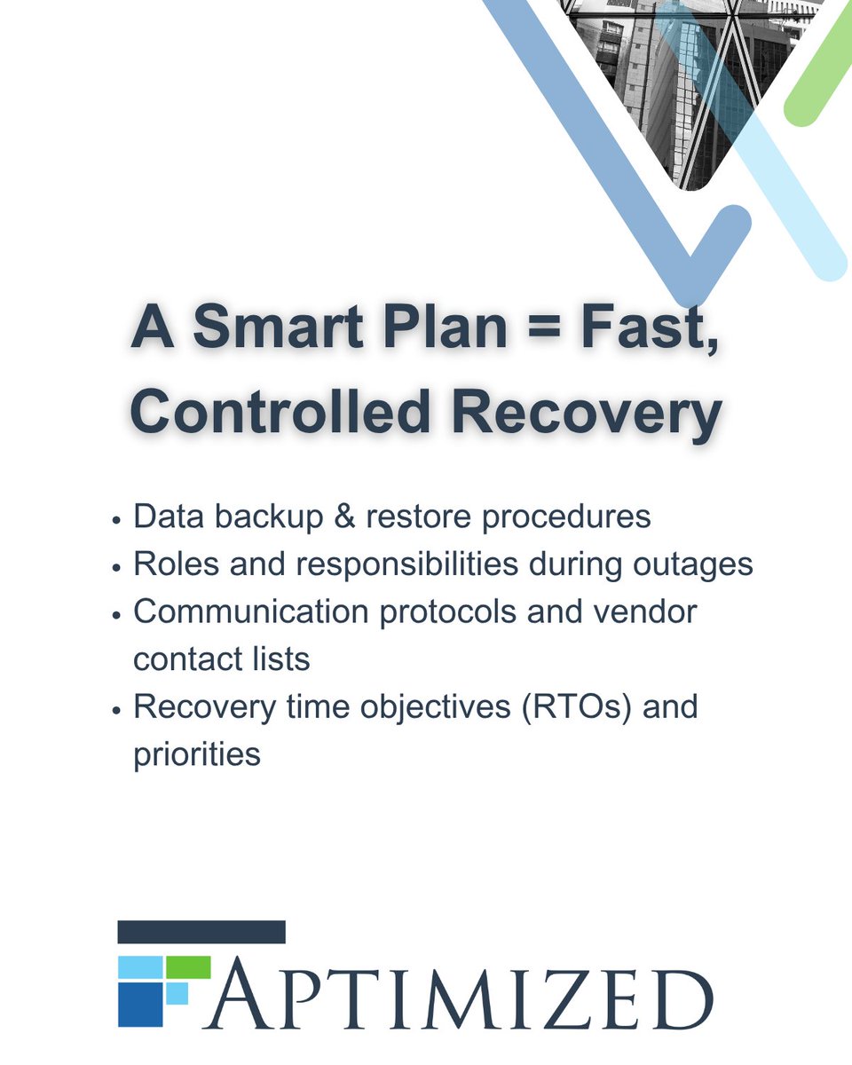 aptimized's tweet photo. Disasters happen. Are you ready? 🛡️ A strong IT disaster recovery plan reduces downtime and keeps your business running. 
Learn how to protect your data and ensure continuity: https://t.co/xFlz3htxtp
#DisasterRecovery #BusinessContinuity #BackupStrategy https://t.co/5bfCgMbbQ2