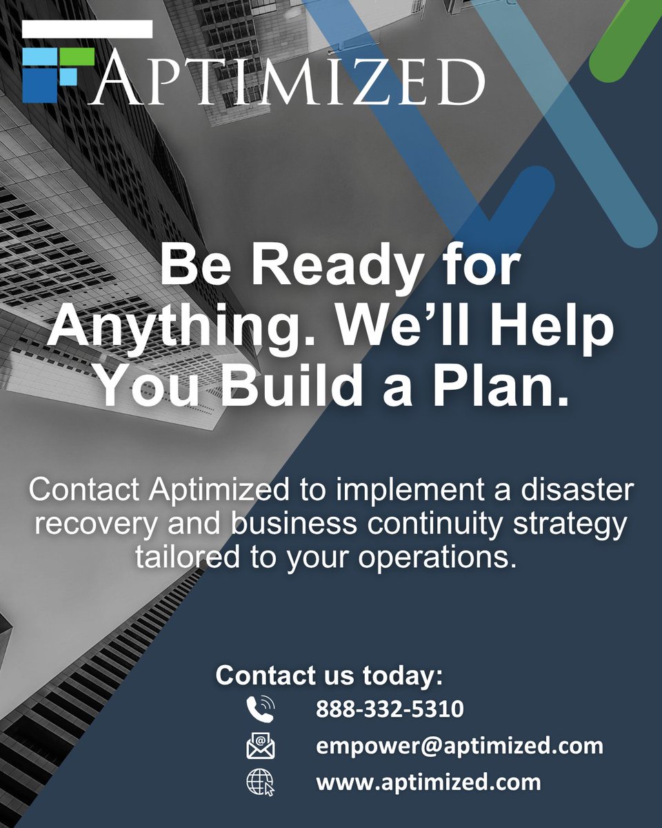 aptimized's tweet photo. Disasters happen. Are you ready? 🛡️ A strong IT disaster recovery plan reduces downtime and keeps your business running. 
Learn how to protect your data and ensure continuity: https://t.co/xFlz3htxtp
#DisasterRecovery #BusinessContinuity #BackupStrategy https://t.co/5bfCgMbbQ2