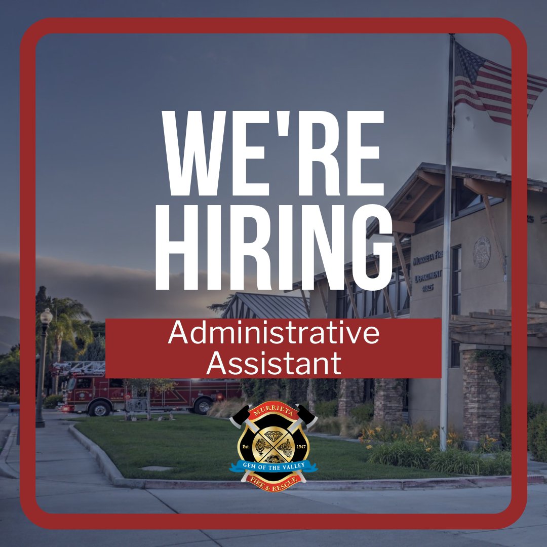 🚨 The application deadline for our 𝐀𝐝𝐦𝐢𝐧𝐢𝐬𝐭𝐫𝐚𝐭𝐢𝐯𝐞 𝐀𝐬𝐬𝐢𝐬𝐭𝐚𝐧𝐭 role at Murrieta Fire &amp; Rescue is on 𝐉𝐮𝐥𝐲 𝟐𝟑, 𝟐𝟎𝟐𝟓. This is a fantastic opportunity to provide administrative support to our Fire Marshal &amp; Prevention Division.

bit.ly/3TyC8Vv