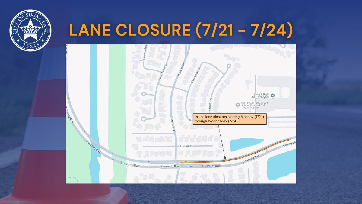 Next week, expect delays on University Blvd. at Monarch Drive to allow for the installation of tapered curbs. Lane closures will follow the schedule below.

Starting Monday (7/21) through Wednesday (7/24):
The westbound inside lane of University Boulevard will be closed from