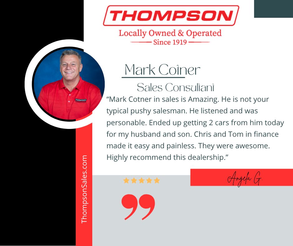 Thompson_Sales's tweet photo. Thank you to Angela for this incredible review! We're thrilled to hear about your experience, and your comments truly mean a lot to us.
Getting two cars in one day is a big deal, and we're so happy we could make it a seamless process for you and your family. https://t.co/XhXIglggBB