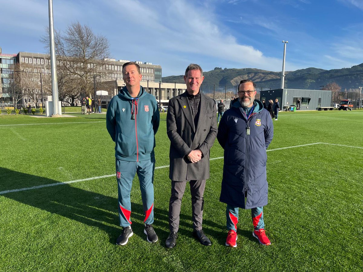 Domestar's tweet image. An honour having a chinwag with Michael and Rob from @Wrexham_AFC at NZCIS. Looking forward to the battle today @skystadium. Friends off the field, frenemies on it!