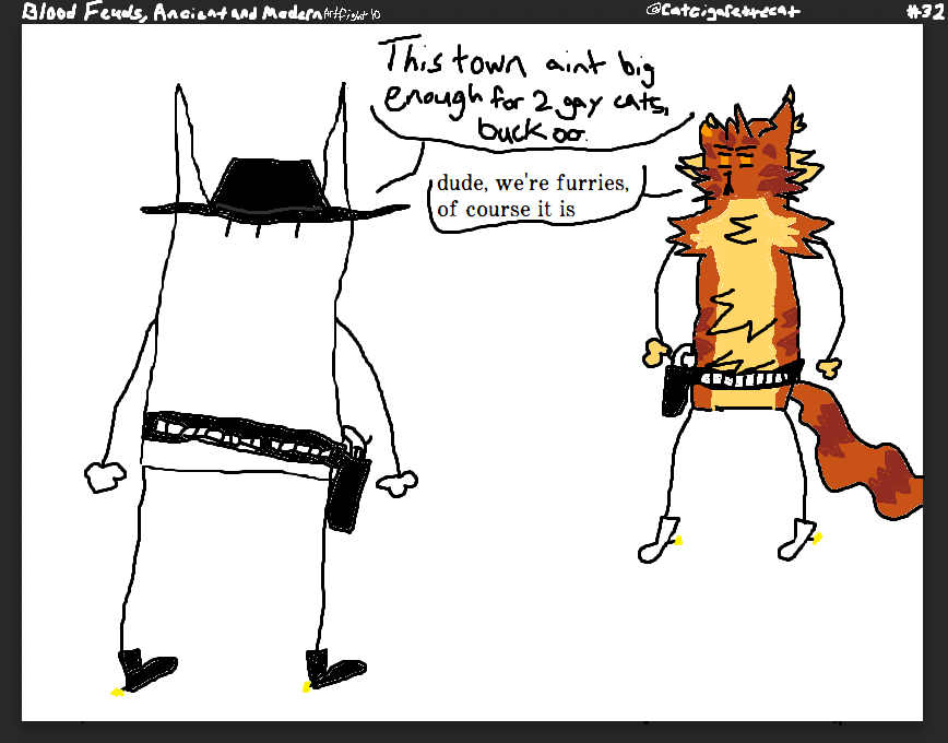 catcigarettecat's tweet photo. Blood Feuds, Ancient and Modern - artfight attack on breadkit_ on TikTok ! Fun time with this character, and I got to reference RDR2! Wahoo!

#artfight2025 #furry #webcomic https://t.co/i6aS3Xbqhp