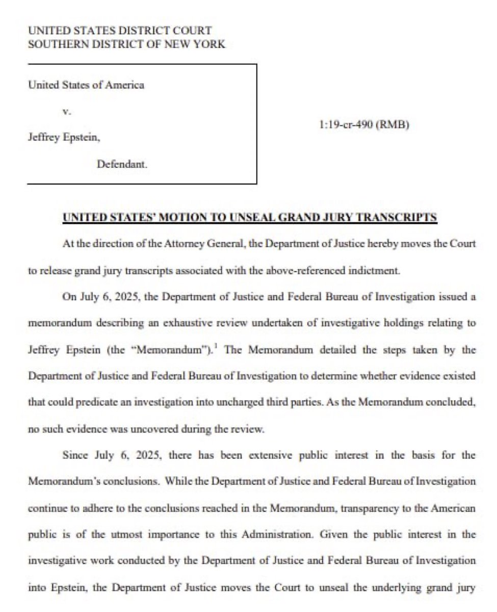 MehekCooke's tweet image. 🚨The DOJ just moved to unseal grand jury testimony in the Epstein case.
Transparency isn’t optional — it’s a duty.
The American people deserve answers, no matter how powerful the names involved.
This is the accountability we were promised.
