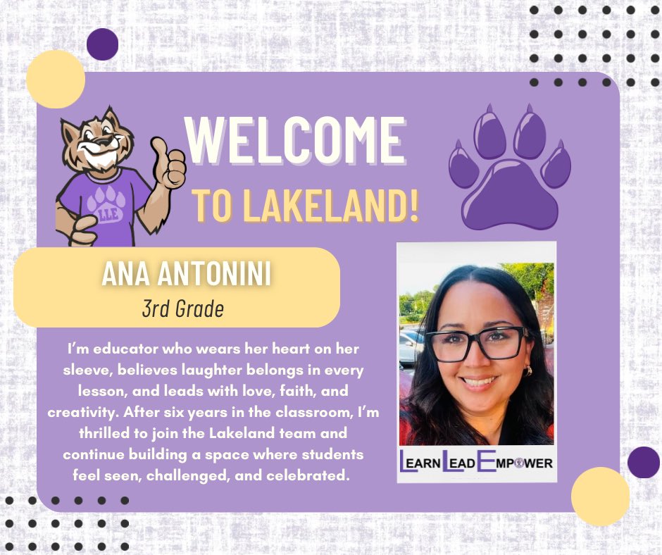 Lakeland Elementary (@humbleisd_lle) on Twitter photo A big Wildcat welcome to Ana Antonini, who’s joining our incredible team this year! We can’t wait to see the impact you’ll make! #WildcatProud 💜🐾 <a href="/HumbleISD_LLE/">Lakeland Elementary</a> <a href="/ArmyAg86/">Patrick Andrus</a> A big Wildcat welcome to Ana Antonini, who’s joining our incredible team this year! We can’t wait to see the impact you’ll make! #WildcatProud 💜🐾 <a href="/HumbleISD_LLE/">Lakeland Elementary</a> <a href="/ArmyAg86/">Patrick Andrus</a>