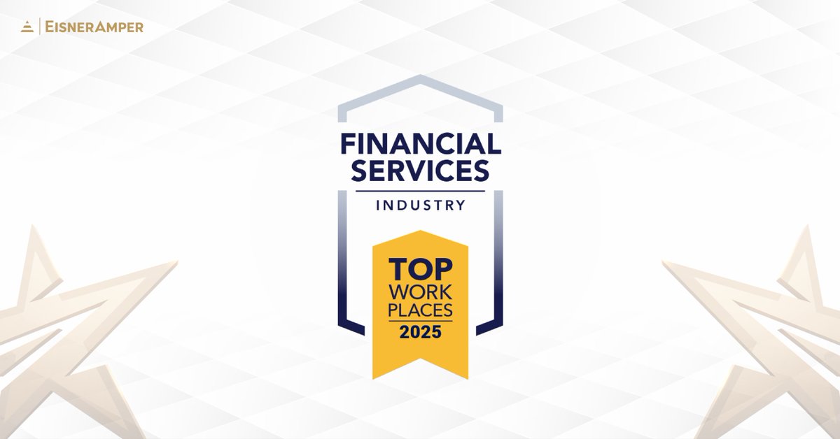 EisnerAmper is proud to be named a 2025 Top Financial Services Workplace winner by <a href="/TeamEnergage/">Energage</a>. This award was based entirely on employee feedback. Thank you to our amazing team! okt.to/ah4wUv #TopWorkplaces2025 #financialservices