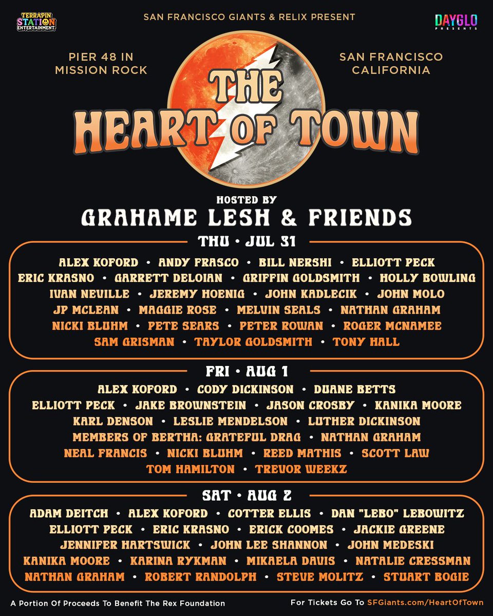 GratefulDead's tweet image. The daily lineups for The Heart of Town have arrived! And, BERTHA: Grateful Drag along with Roger McNamee of Moonalice have signed on to join the celebration, along with a stacked roster of artists and longtime collaborators.
This three-night gathering at Pier 48 is a tribute to…