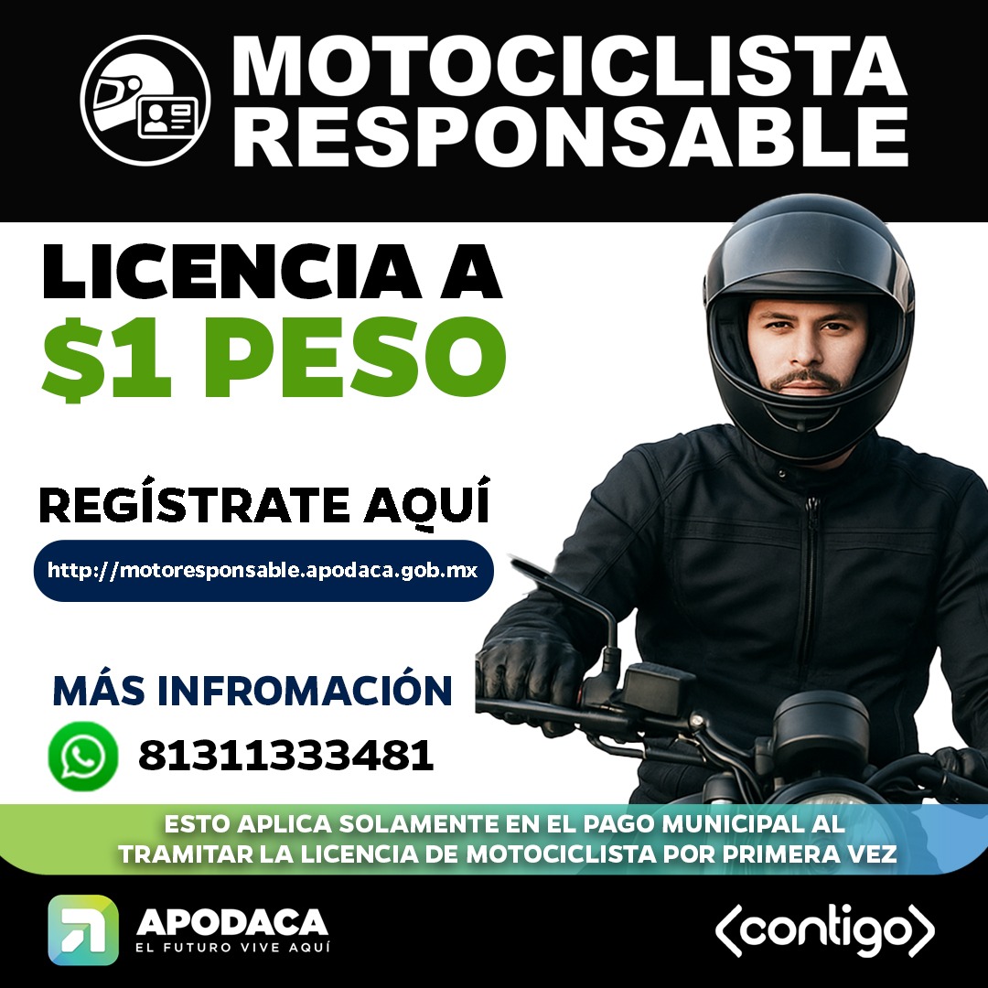 Conoce el nuevo programa MOTOCICLISTA RESPONSABLE. Para todos los vecinos de Apodaca.

Regístrate aquí:
motoresponsable.apodaca.gob.mx