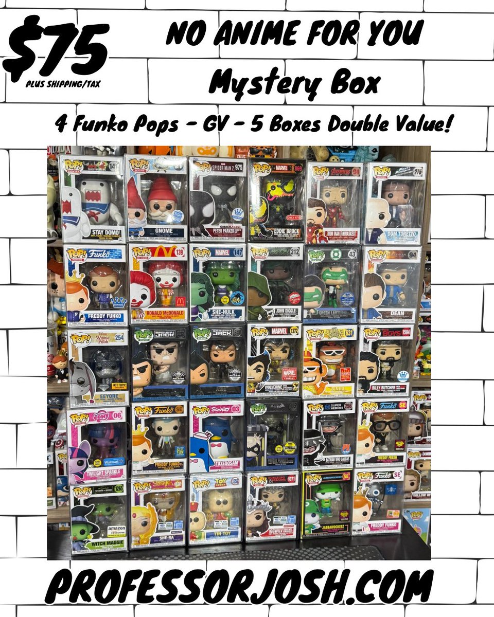 professorjosh's tweet image. Don’t sleep on this NO ANIME FOR YOU mystery box! Plus $5 for today only!!
ProfessorJosh.com

#funkomysterybox #funko #funkonft #funkopops