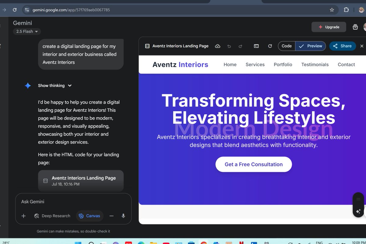 Advantage94's tweet photo. Week 3, Day 5: #ALX AI Starter Kit

Using Gemini AI to create an outstanding landing page for a home interior business. 

#ALX_AiSK #alx_africa #Geminiai https://t.co/aP7rxW3I9a