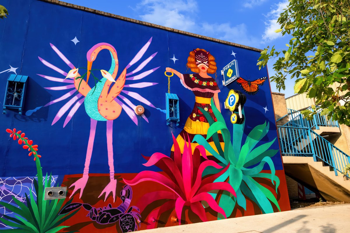 COSAGOV's tweet image. July’s #MonthlyMural “The Spirit Within,” created by San Antonio-based artists Ashleigh Garza and Hailey Marmolejo in coordination with San Anto Cultural Arts., reflects their deep roots in Chicana identity and shines with community spirit and cultural pride.