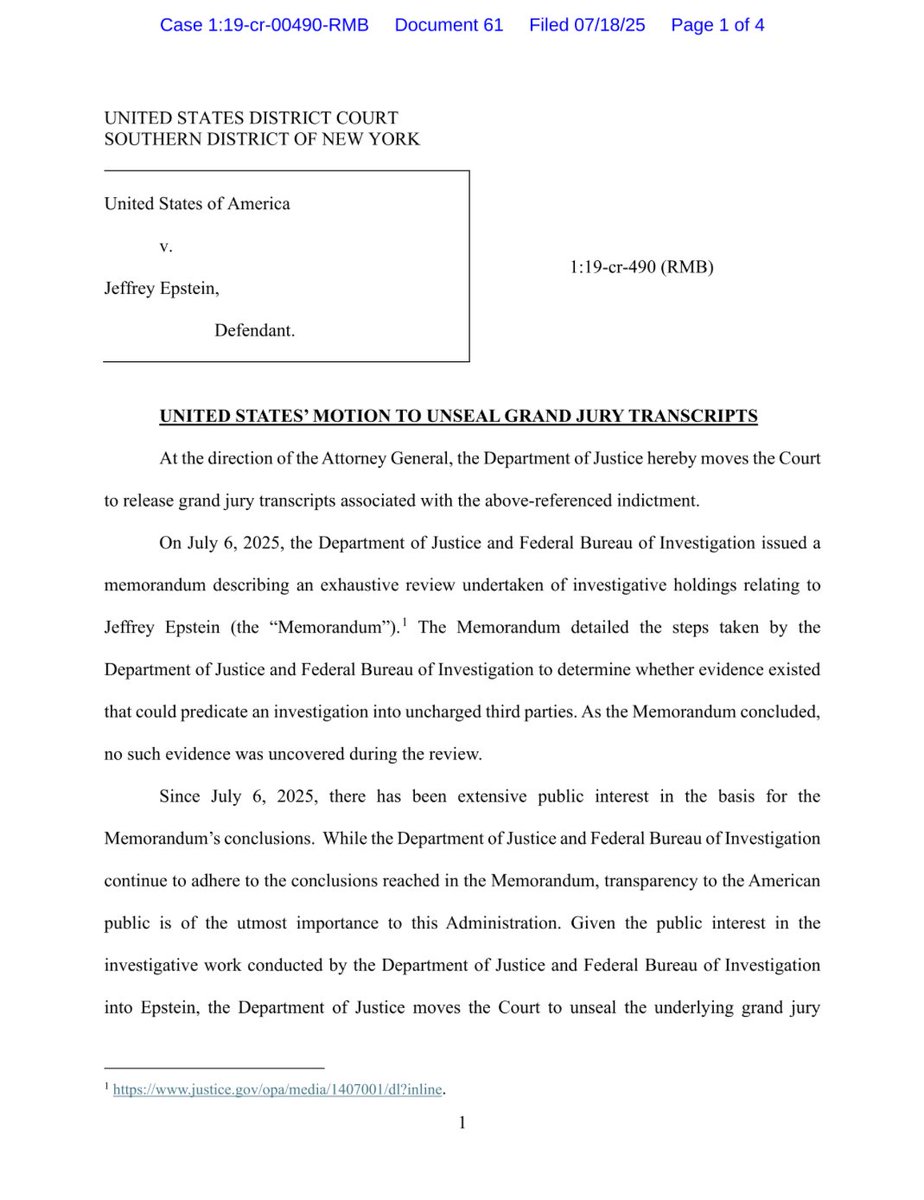 Out5p0ken's tweet image. Trump said he ordered Attorney General Pam Bondi to seek the release of “PERTINENT” records from grand jury testimony in the case of accused sex trafficker Jeffrey Epstein
PERTINENT — and NOT the Jeffrey Epstein list — and FBI agents were also told to flag any Epstein records…