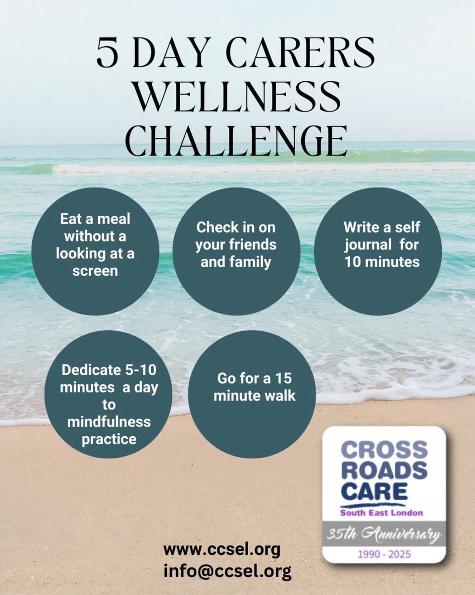 Five wellness challenges to help #unpaidcarers physical, mental and emotional well - being. 

Give them a try!

#unpaidcarers #wellness #selfcarematters #health #mentalhealth #traumainformed #healthyliving #nutrition #meditation #emotionalhealth
<a href="/LBofBexley/">London Borough of Bexley</a> <a href="/NHSSELondon/">NHS South East London</a>