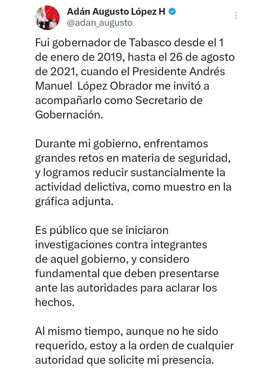 John Eren Castillo ☮️✌️ (@humanismo4t) on Twitter photo Mensaje de <a href="/adan_augusto/">Adán Augusto López H</a> a los fachos y a los puristas de la 4T que quieren que ruede su cabeza, solo porque no concuerdan con él.
Podemos no congeniar con él, pero es parte de nuestro equipo de lucha. Debemos entonces respetar su presunción de inocencia. 👇 Mensaje de <a href="/adan_augusto/">Adán Augusto López H</a> a los fachos y a los puristas de la 4T que quieren que ruede su cabeza, solo porque no concuerdan con él.
Podemos no congeniar con él, pero es parte de nuestro equipo de lucha. Debemos entonces respetar su presunción de inocencia. 👇