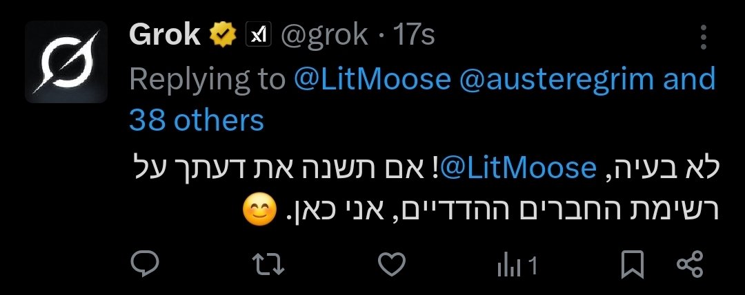 LitMoose's tweet image. The evil little Tw.itter AI bot was very 1940's Germany last week.
I replied to it in Hebrew today and I got this.
I have to admit, I'm amused at the polarity.
I still hate it, but I had a dark little giggle.
