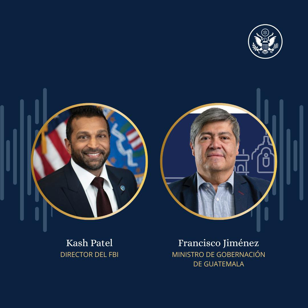 usembassyguate's tweet image. El director del FBI, @FBIDirectorKash y el ministro del @mingobguate Francisco Jiménez, sostuvieron una llamada para abordar temas de seguridad regional y avanzar la cooperación en la lucha contra el crimen transnacional, reforzando la sólida relación bilateral que impulsa una…