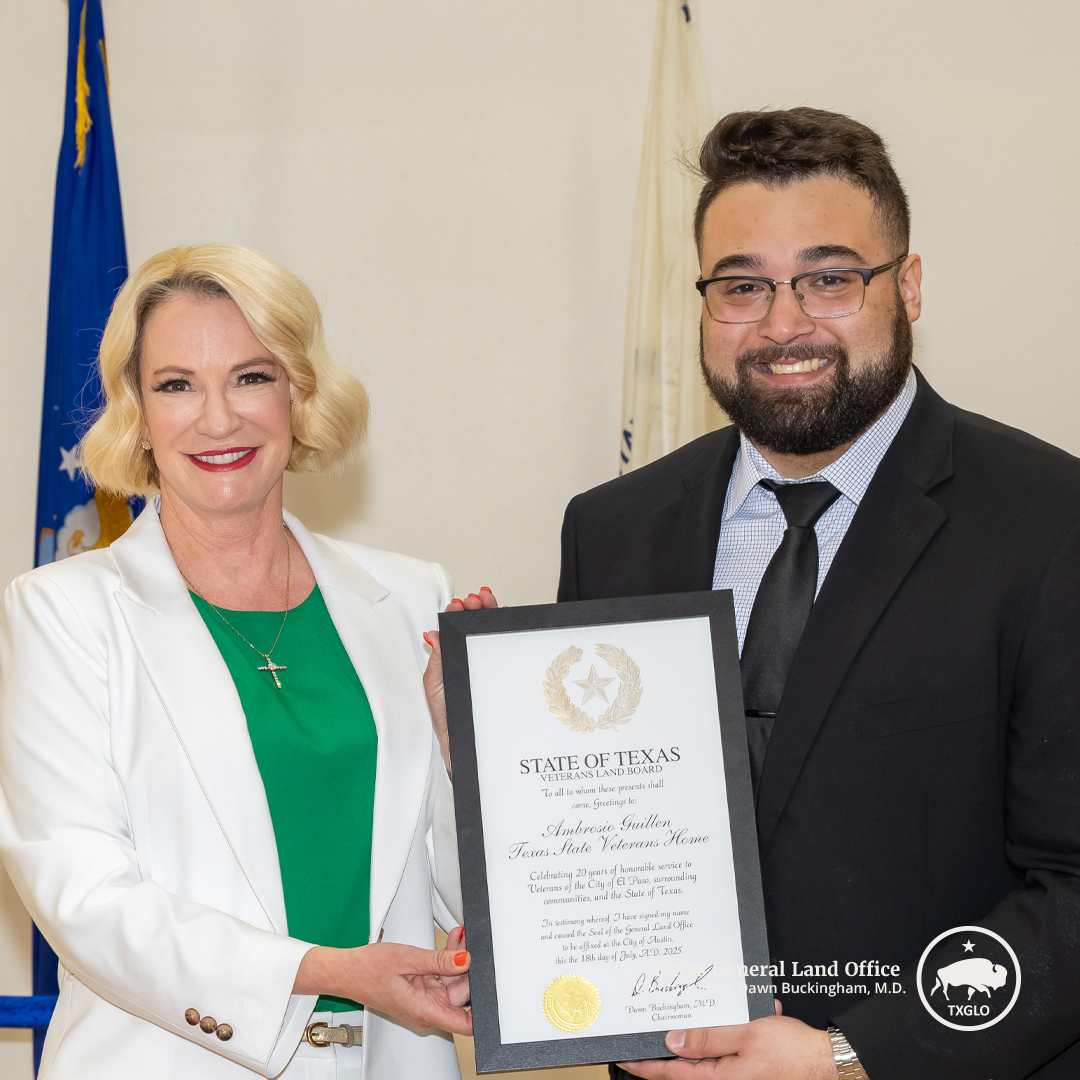 TXGLO's tweet image. Yesterday, Commissioner Buckingham presented the Ambrosio Guillen Texas State Veterans Home in El Paso with a certificate commemorating its 20-Year Anniversary.
She was honored to stand with staff and state and local leaders to celebrate 20 years of dedicated, high-quality…