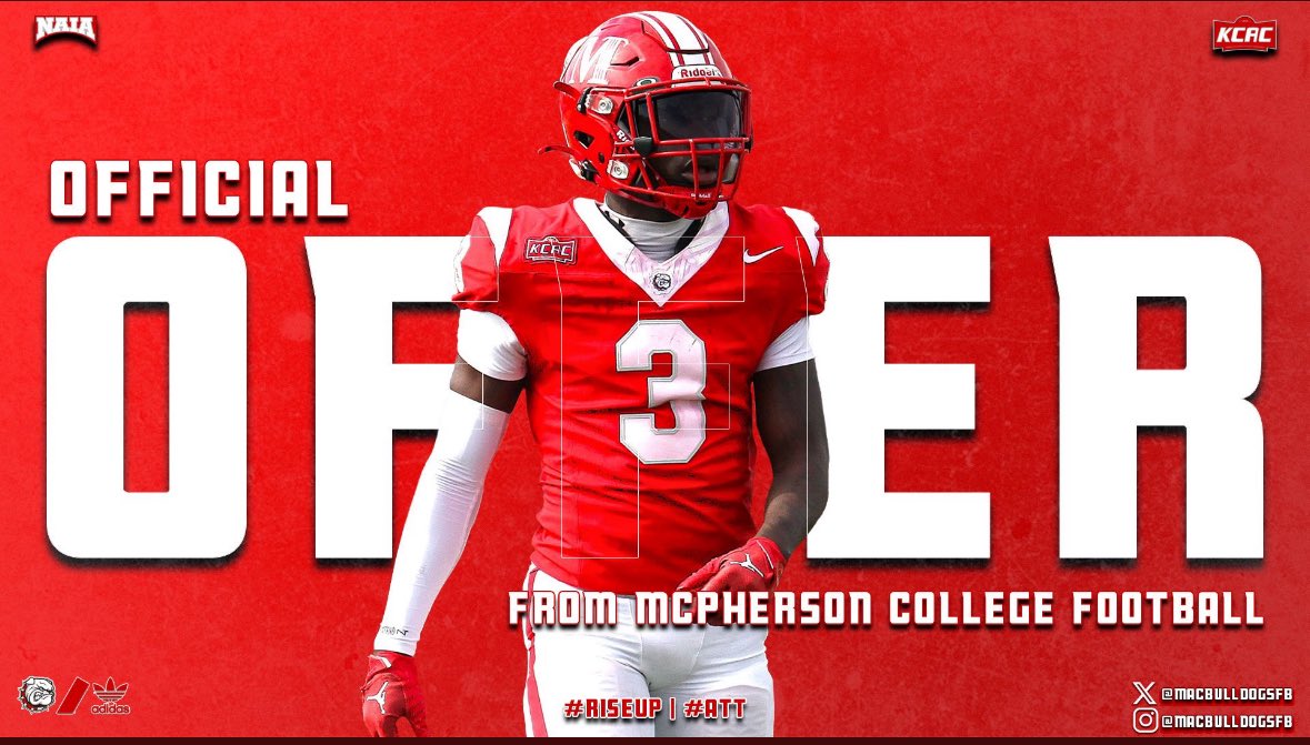 Excited to announce I have received an offer from <a href="/MACBulldogsFB/">McPherson Football</a>!! Big thanks to <a href="/Kaden_Beavers/">Kaden Beavers</a> for reaching out. GO DOGS!! #RiseUp #ATT