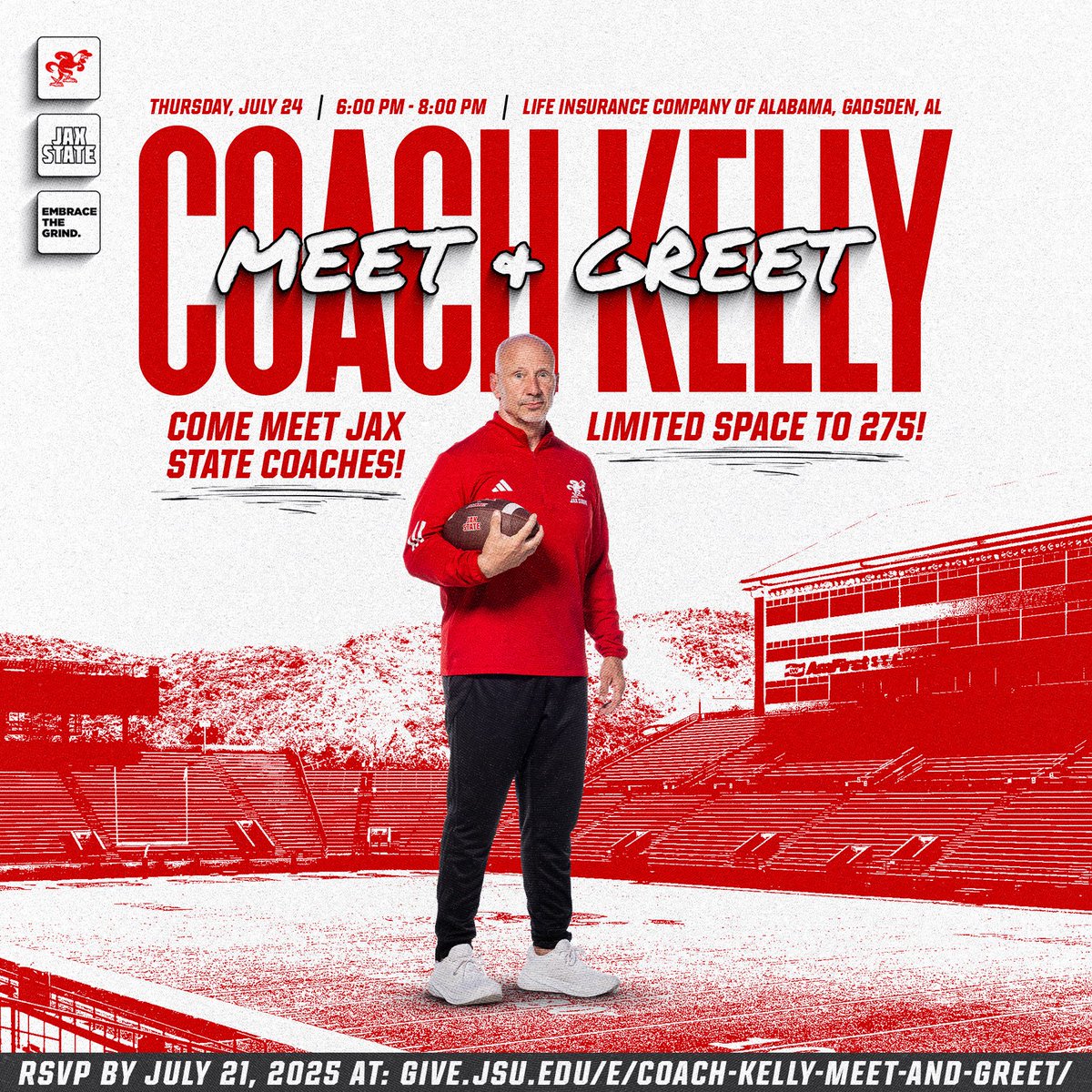 JaxStateFB's tweet image. Mark your calendars! 🗓️ Come meet Coach Kelly and the Jax State Coaching staff on Thursday, July 24th!
#EmbraceTheGrind | #AKC