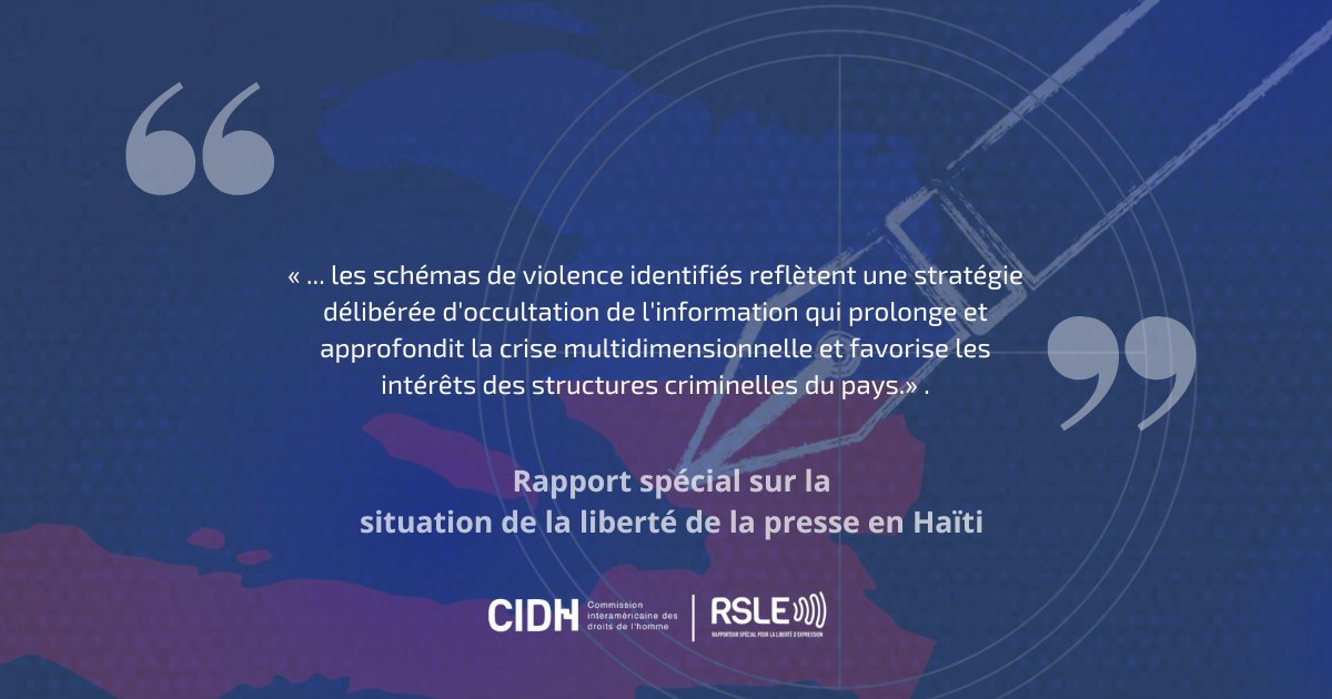 Selon le #RapportHaiti de @RSLE_CIDH, les attaques systématiques contre les journalistes répondent à l'impact du journalisme sur les intérêts des groupes et structures criminels. Informer est devenue une activité à haut risque dans le pays.

Le rapport : oas.org/fr/cidh/expres…
