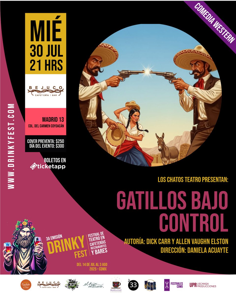 Hoy, a las 20:00 nuestra directora Daniela Acuayte estará charlando con nuestros amigos de <a href="/OrbePromo/">Orbe Promo</a> <a href="/lasnochesconsen/">Las Noches Con Sentido</a>  sobre el estreno de GATILLOS BAJO CONTROL, este próximo 30 de julio en Bejuco Bar (Madrid 13, Coyoacán)  en el marco del #DrinkyFest 
#comediavaquera  #teatro