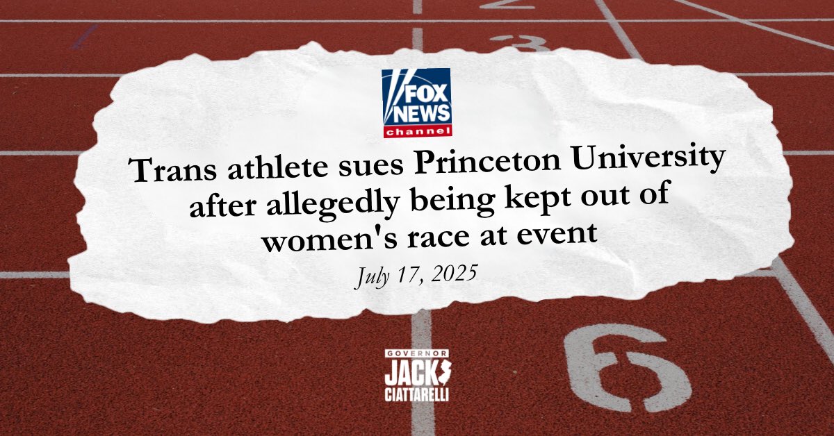 Jack4NJ's tweet image. The lawsuit by a transgender athlete against Princeton University is yet another example of 8 years of Democrat control run amok. Let me be clear: biological males should not be allowed to compete against women in athletics. It’s unfair and unsafe. When I'm Governor, this…