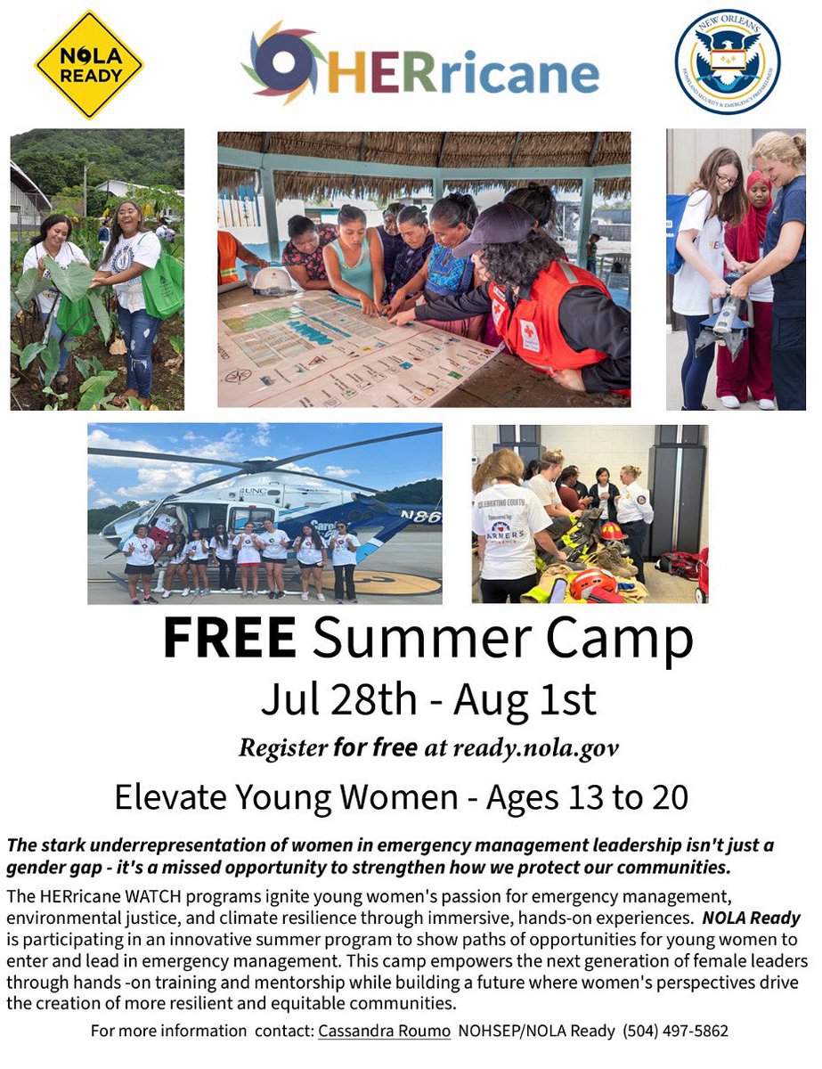 nolaready's tweet image. The City of New Orleans Office of Homeland Security and Emergency Preparedness (NOHSEP), through NOLA Ready is hosting a free HERricane WATCH Summer Camp from July 28 – August 1 for girls and young women ages 13–20.
Register at ready.nola.gov or call (504) 497-5862.