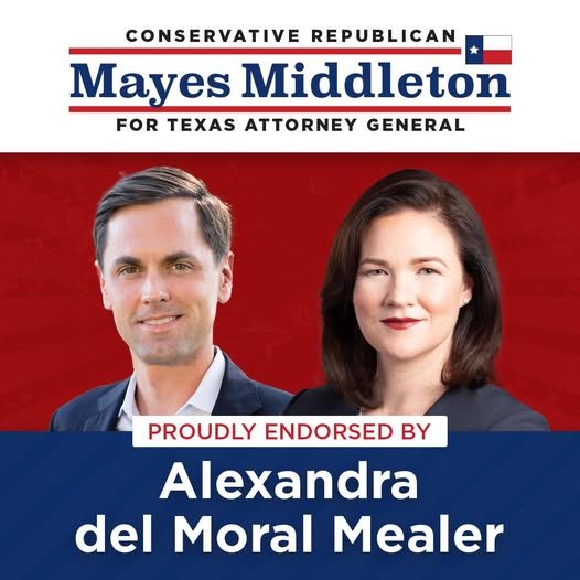Alexandra del Moral Mealer (@alexmealertx) on Twitter photo Very proud to be supporting <a href="/mayes_middleton/">Mayes Middleton</a> for TX AG. I firmly believe Sen. Mayes Middleton is the one to lead the charge against public corruption in Texas.
Read why here š
mailchi.mp/eed04205959a/r⦠Very proud to be supporting <a href="/mayes_middleton/">Mayes Middleton</a> for TX AG. I firmly believe Sen. Mayes Middleton is the one to lead the charge against public corruption in Texas.
Read why here š
mailchi.mp/eed04205959a/rā¦
