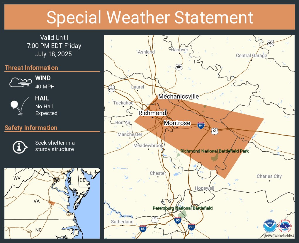 A special weather statement has been issued for Richmond VA, Mechanicsville VA and  Highland Springs VA until 7:00 PM EDT