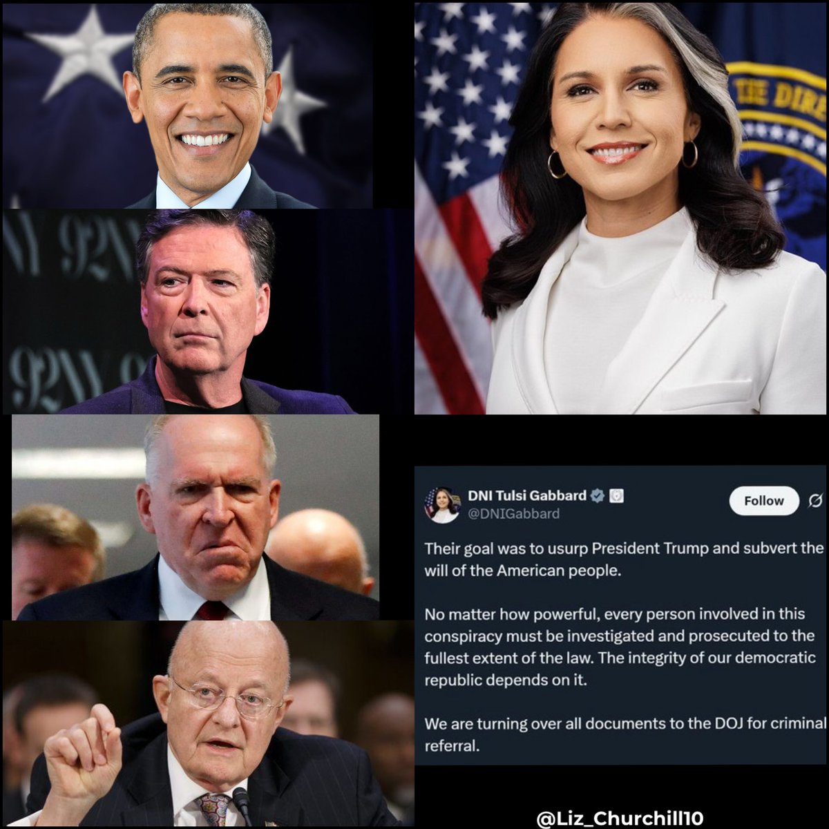 DNI’s Tulsi Gabbard calls for the PROSECUTION of Barack Obama, James Comey, James Clapper, and John Brennan for fabricating intelligence behind the Russian Collusion Hoax.