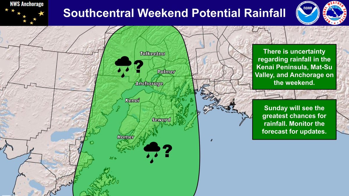 NWSAnchorage's tweet image. There is uncertainty regarding rainfall in the Kenai Peninsula, Mat-Su Valley, and Anchorage on the weekend. Sunday will see the greatest chances for rainfall. Monitor the forecast for updates.