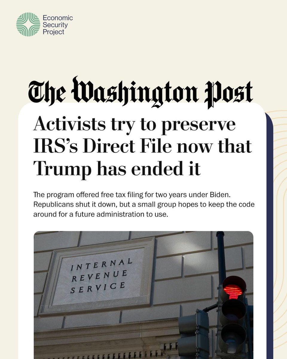 EconomicSecProj's tweet image. One of the best-reviewed gov’t tools in years? IRS #DirectFile.
Free, easy, and fast, yet the Trump admin shut it down. Now, we’re partnering with the people who built it to keep the code and dream alive.
🔗washingtonpost.com/business/2025/…