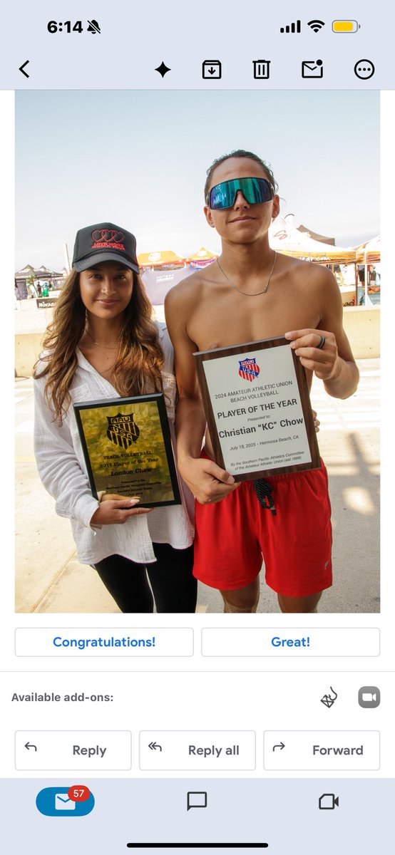 Sophomore Christian Chow from Mira Costa is the AAU Beach Volleyball player of the year. His sister London won the same award in 2012.