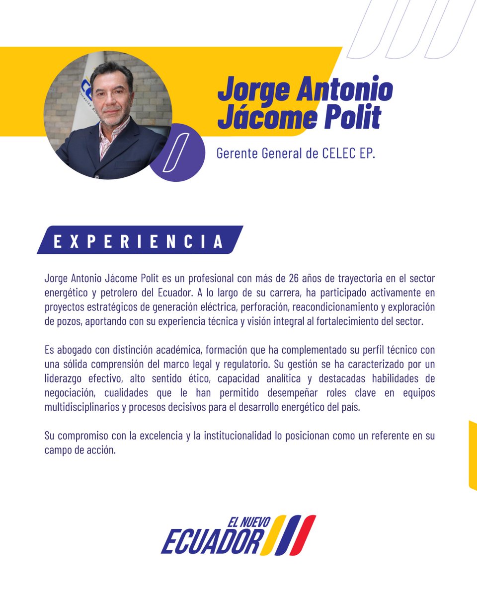 RecNaturalesEC's tweet image. 📌¡IMPORTANTE!
📍Conoce el perfil del nuevo Gerente General de la Corporación Eléctrica del Ecuador -@CELECEPOficial-, Jorge Antonio Jácome Polit.
✅Más detalles en⤵️