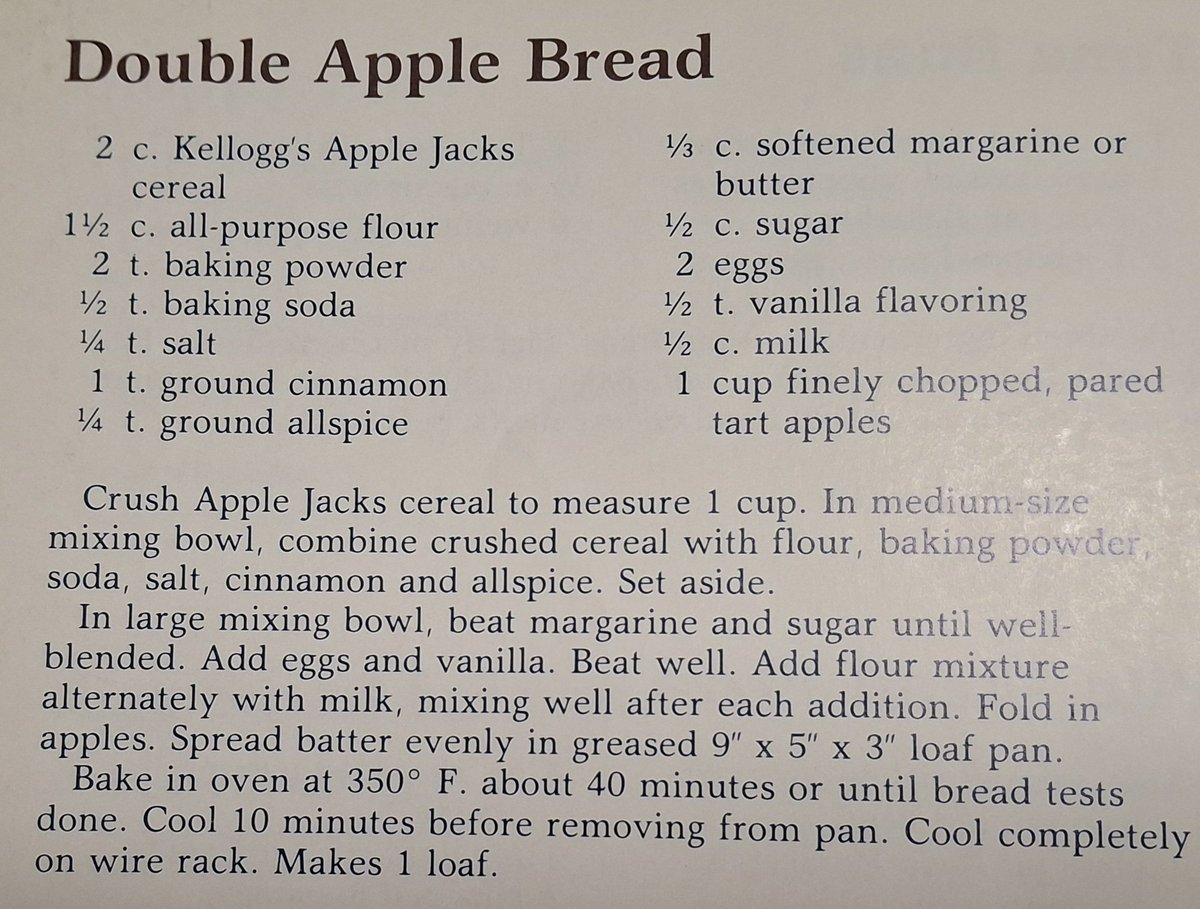 Re2OldFOOD's tweet image. Double Apple Bread -- 1980s

#DoubleAppleBread #quickbread 
#1980srecipe #apples #cinnamon 
#AppleJacks