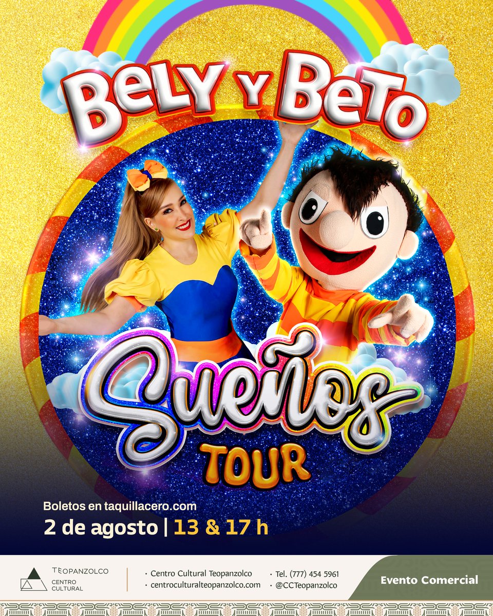 24_morelos's tweet photo. BELY Y BETO LLEGAN AL CENTRO CULTURAL TEOPANZOLCO
Este 2 de agosto, disfruta de "Sueños Tour", el espectáculo de #Bely y #Beto que llega al Centro Cultural #Teopanzolco
Acompaña a Bely, Beto y a todos tus personajes favoritos en un mágico recorrido por sus sueños. ¡Prepárate para #cantar, bailar y reír sin parar! Las mejores historias comienzan con un #sueño… ¡y tú eres nuestro gran invitado!
Niños pagan boleto a partir de los 2 años.
Funciones: 13:00 h y 17:00 h
Centro Cultural Teopanzolco
¡No te lo puedes perder!