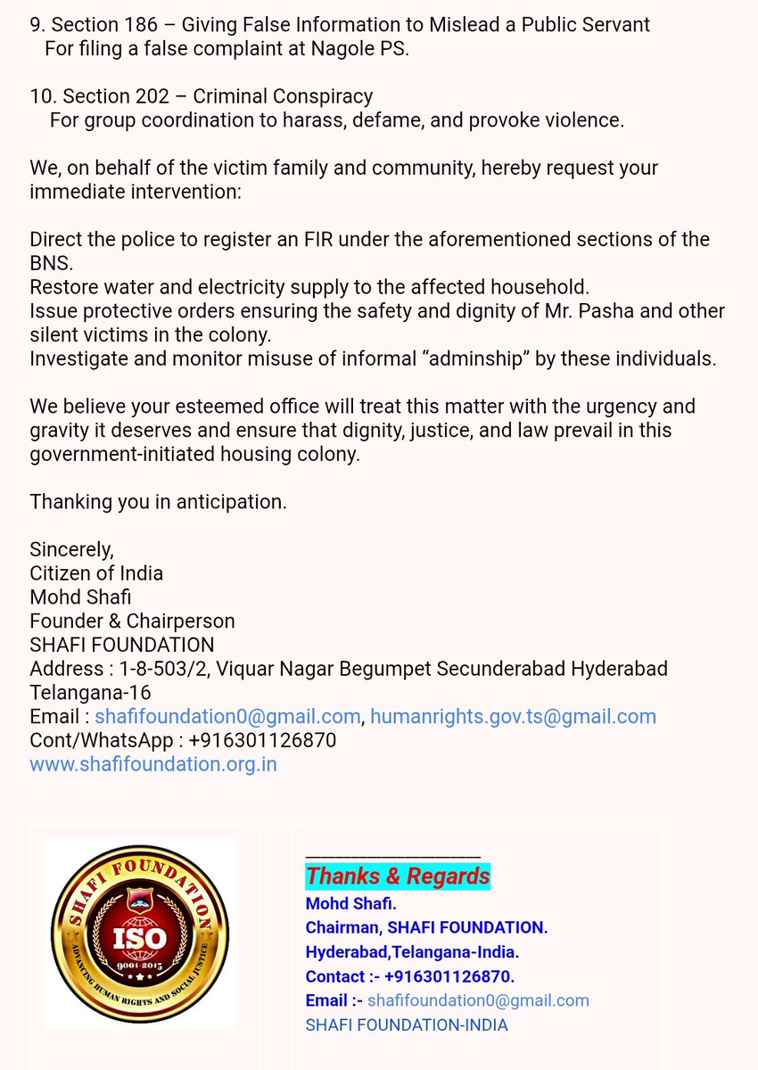 _OfficialShafi's tweet photo. Respected District Magistrate( @CollectorRRD )
I have detailed the matter via email—grave harassment is being inflicted by individuals including a so-called officer Anil, allegedly a govt employee. They extort ₹1000 monthly from the poor under the guise of "maintenance". On refusal, they hurl obscene slurs at women, disconnect tap water & electricity, and even damage livelihood tools like cutting auto seats. Such tyranny demands your urgent intervention and strict legal punishment. Justice must not be delayed.
#RangaReddy #JusticeForPoor #StopHarassment