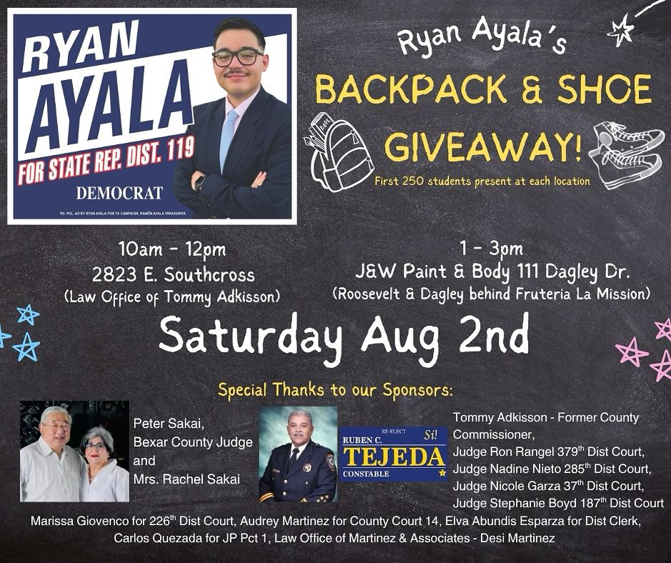 RyanForTX's tweet photo. 🎒✨ What Can I Do To Help?

🚌👟 Join us Saturday, August 2nd for one of our TWO backpack &amp; shoe giveaway events!

📍 Locations + details below! I look forward to meeting you in a few weeks. 

- Ryan

#WhatCanIDoToHelp #RyanForTX https://t.co/cayy50brBu