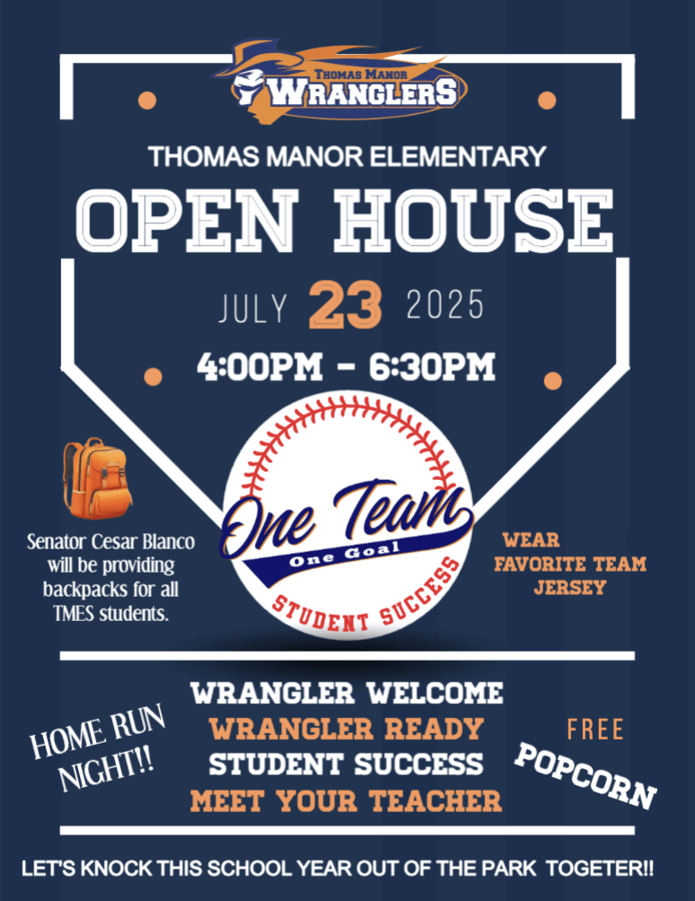 Join us for our Annual Open House at Thomas Manor. 
Come meet the teacher and be sure to wear your favorite baseball jersey.