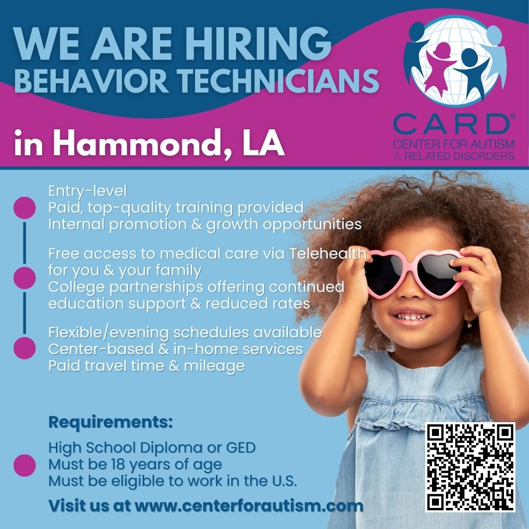centerforautism's tweet image. Now Hiring: Behavior Technicians in Hammond, LA! @cardhammond_ 
No experience needed — just heart. 💙
🔗 centerforautism.com/careers

#hiring #behavioranalysis #rbt #abatherapy #paidtraining #makeadifference