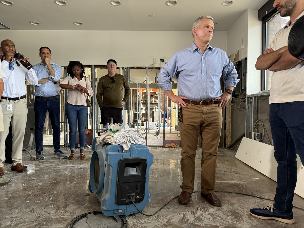 ByAdamWagner's tweet image. Some photos from Gov. Josh Stein’s tour of businesses and apartments damaged by Chantal’s flooding today.