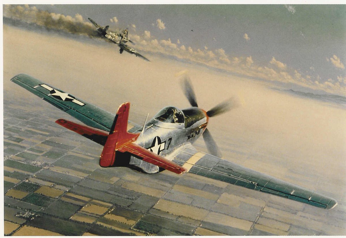 airandspace's tweet image. On this day in 1944, Tuskegee Airman Lt. C.D. "Lucky" Lester downed three German aircraft in less than six minutes in the skies over Europe. The oil painting "Two Down, One to Go" by W.S. Phillips portrays Lester achieving the feat.