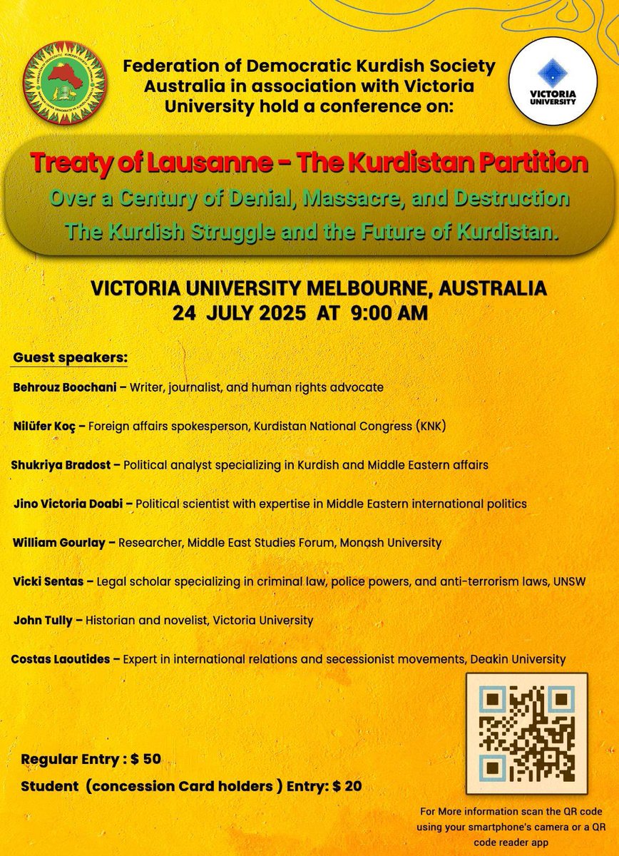 BehrouzBoochani's tweet image. Join us at this conference on the Kurdistan movement at Victoria University Melbourne on 24th July. I’ll be speaking alongside several academics and experts. #Kurdistan #Kurds