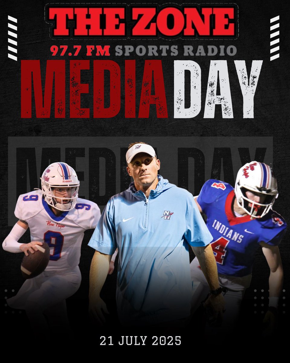 New Hope Football (@nhhs_fb) on Twitter photo 🎙️ MEDIA DAY is coming!
Join 97.7 FM The Zone on July 21, 2025 as we spotlight New Hope Football with Head Coach Michael Harper, QB Lucas Terry, and RB/FS Layton Pohl! <a href="/Coachharper05/">Michael Harper</a> <a href="/LaytonPohl/">Layton Pohl</a> <a href="/lucasterry08/">Lucas Terry</a>
#TheZone977 #MediaDay #NewHopeFootball #GoIndians 🎙️ MEDIA DAY is coming!
Join 97.7 FM The Zone on July 21, 2025 as we spotlight New Hope Football with Head Coach Michael Harper, QB Lucas Terry, and RB/FS Layton Pohl! <a href="/Coachharper05/">Michael Harper</a> <a href="/LaytonPohl/">Layton Pohl</a> <a href="/lucasterry08/">Lucas Terry</a>
#TheZone977 #MediaDay #NewHopeFootball #GoIndians