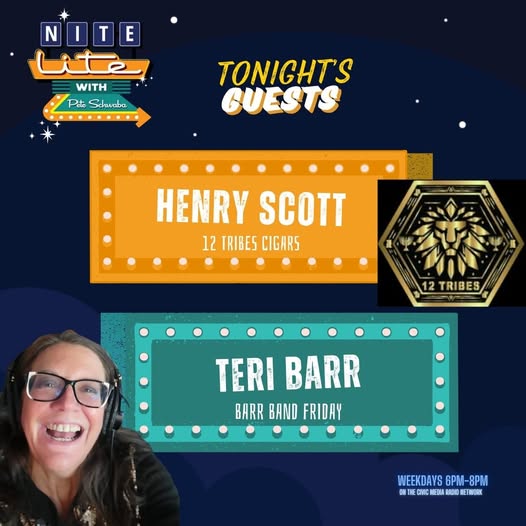 WGBW979's tweet image. Tonite, @peteschwaba welcomes Henry Scott from 12 Tribe Cigars into the studio - will they Lite it up? Then @TeriBarrMedia joins the show with new music for Barr Band Friday Night! Yeah, let's Lite it.
